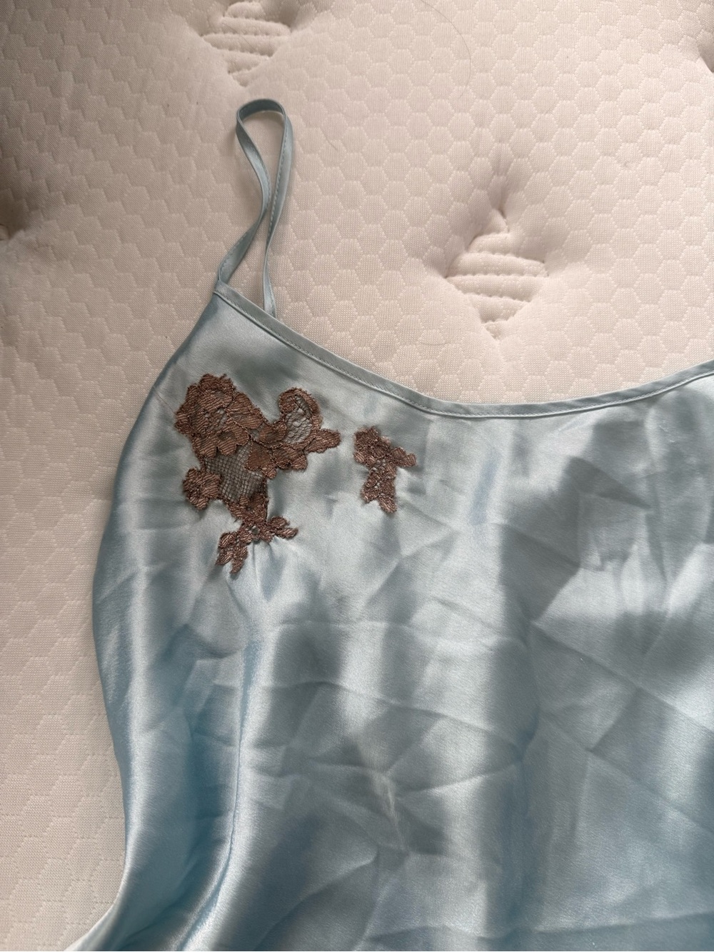 Victoria's Secret Pale Blue Satin Slip with Brown Lace Appliqué #2 - Picture 6 of 8